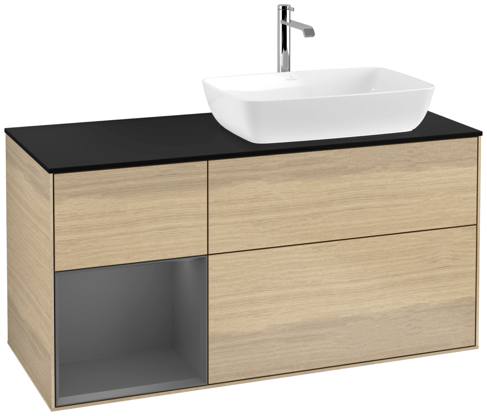 V&B Waschtisch-Unterschrank Finion 120cm, Abdeckplatte black matt, Regal Anthracite matt lacquer, Oak Veneer