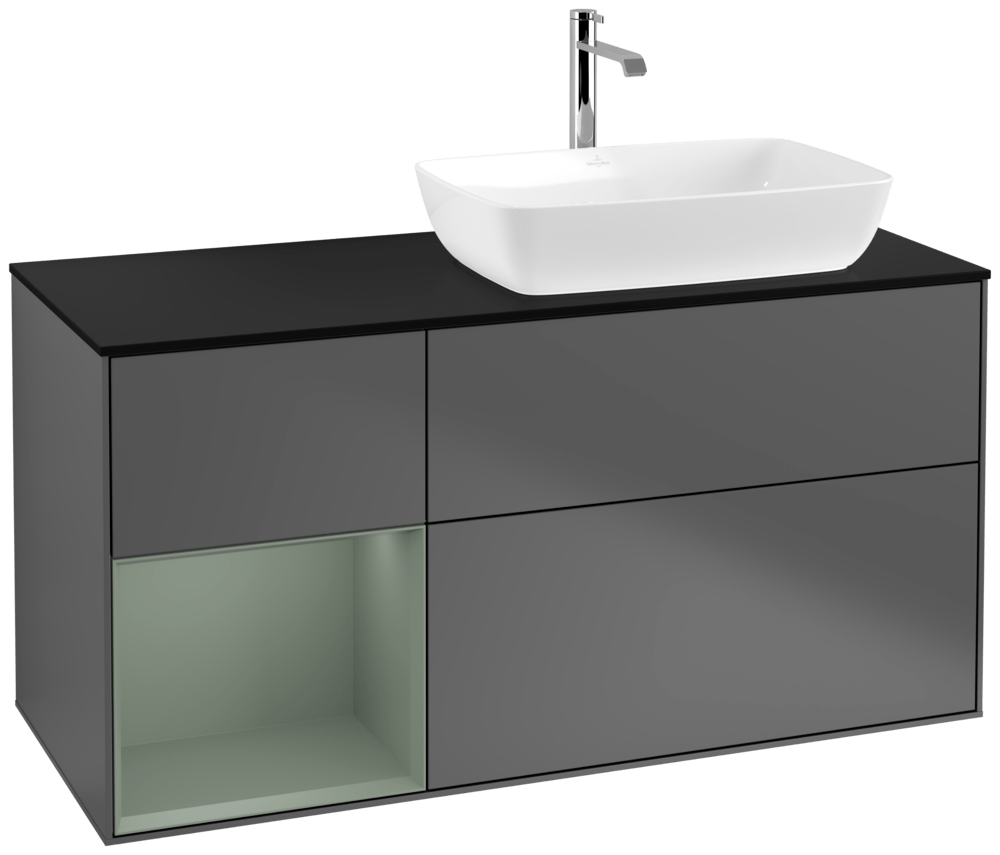 V&B Waschtisch-Unterschrank Finion 120cm, Abdeckplatte black matt, Regal Olive matt lacquer, Anthracite matt