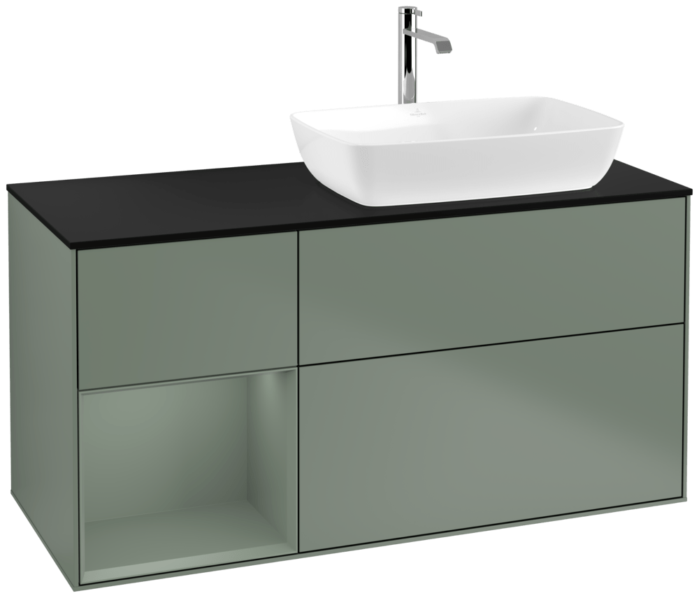 V&B Waschtisch-Unterschrank Finion 120cm, Abdeckplatte black matt, Regal Olive matt lacquer, Olive Matt Lacquer
