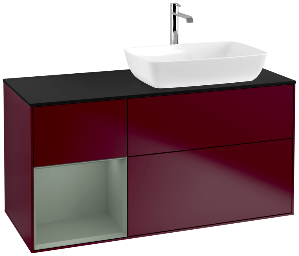 V&B Waschtisch-Unterschrank Finion 120cm, Abdeckplatte black matt, Regal Olive matt lacquer, Peony Matt