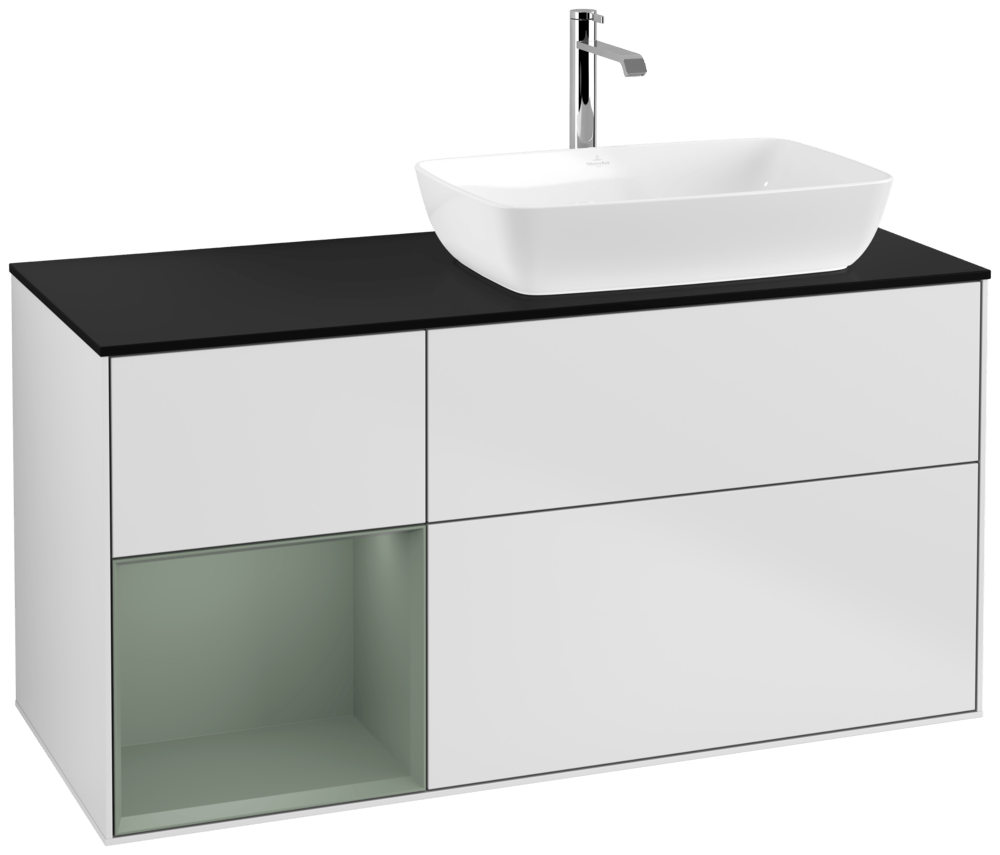 V&B Waschtisch-Unterschrank Finion 120cm, Abdeckplatte black matt, Regal Olive matt lacquer, White matt lacquer