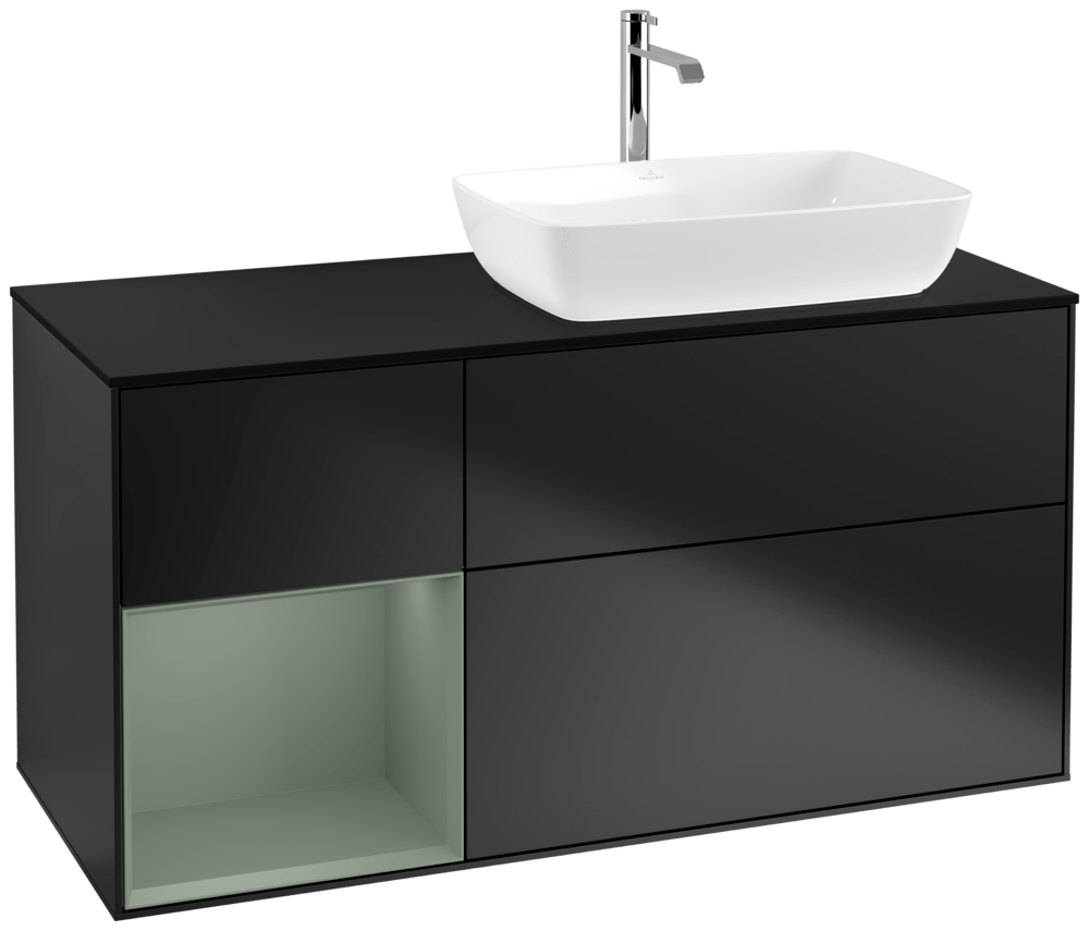 V&B Waschtisch-Unterschrank Finion 120cm, Abdeckplatte black matt, Regal Olive matt lacquer, Black matt lacquer