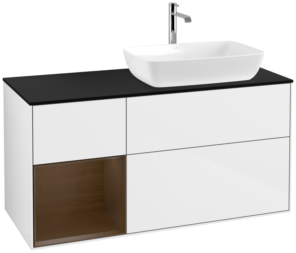 V&B Waschtisch-Unterschrank Finion 120cm, Abdeckplatte black matt, Regal Walnut Veneer, Glossy white lacquer