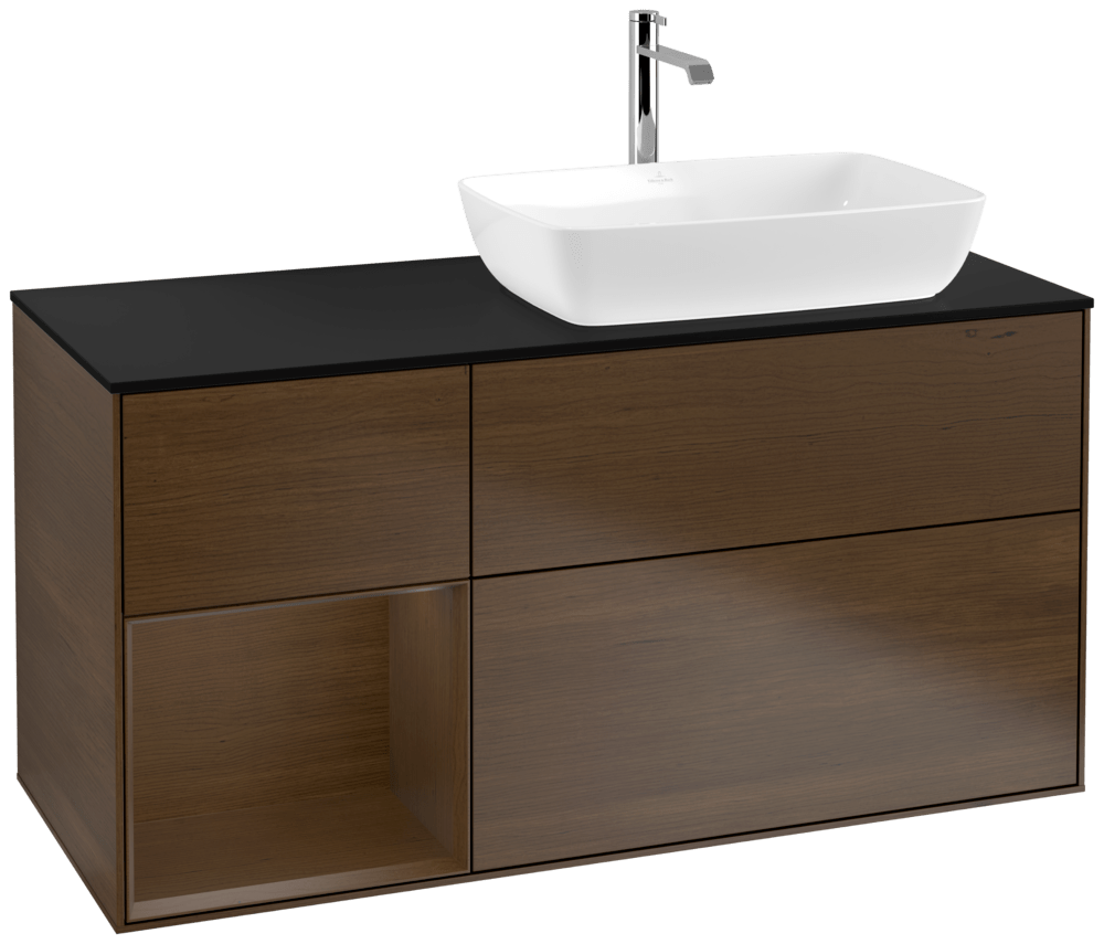 V&B Waschtisch-Unterschrank Finion 120cm, Abdeckplatte black matt, Regal Walnut Veneer, Walnut veneer
