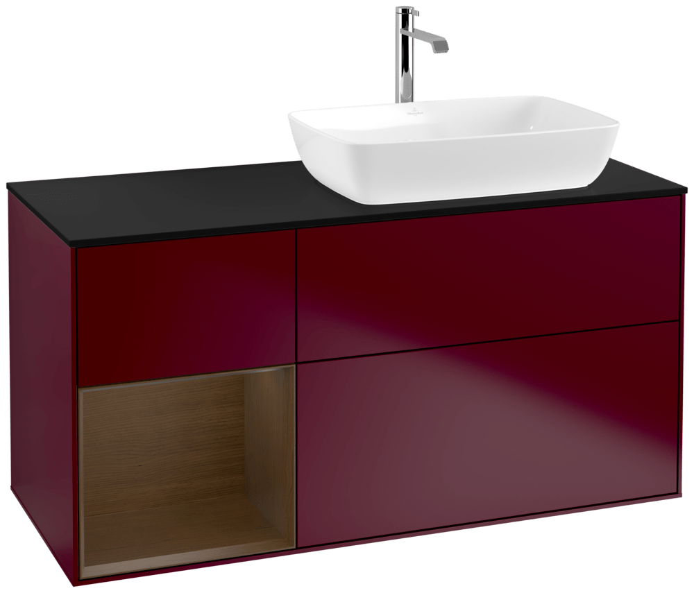 V&B Waschtisch-Unterschrank Finion 120cm, Abdeckplatte black matt, Regal Walnut Veneer, Peony Matt