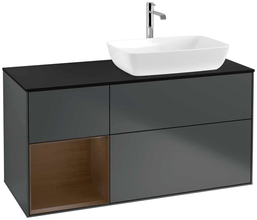 V&B Waschtisch-Unterschrank Finion 120cm, Abdeckplatte black matt, Regal Walnut Veneer, Midnight Blue Matt Lacquer