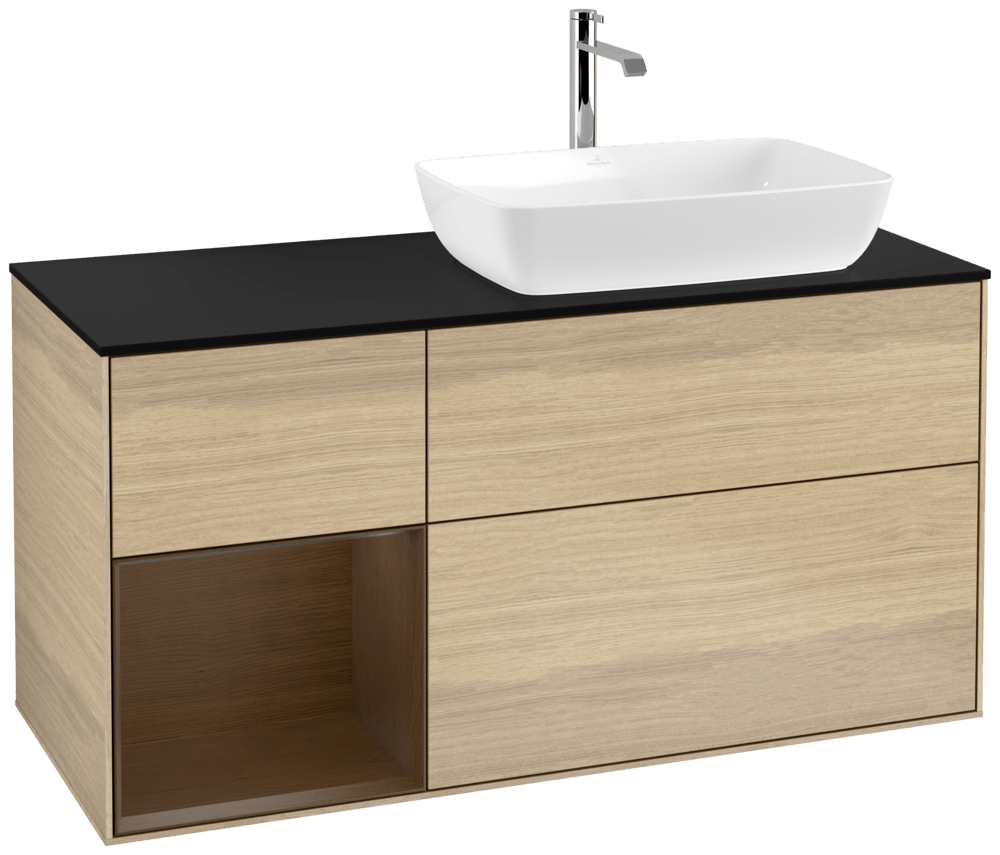V&B Waschtisch-Unterschrank Finion 120cm, Abdeckplatte black matt, Regal Walnut Veneer, Oak Veneer