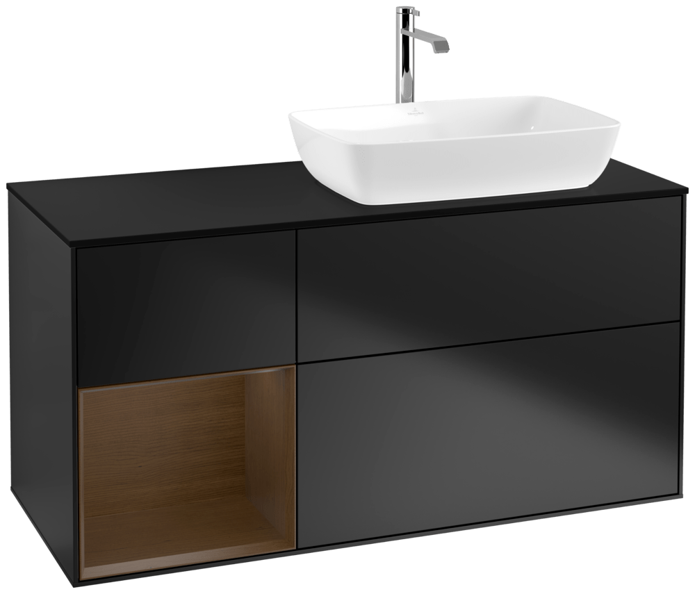 V&B Waschtisch-Unterschrank Finion 120cm, Abdeckplatte black matt, Regal Walnut Veneer, Black matt lacquer