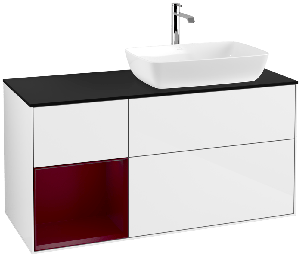 V&B Waschtisch-Unterschrank Finion 120cm, Abdeckplatte black matt, Regal Peony matt lacquer, Glossy white lacquer