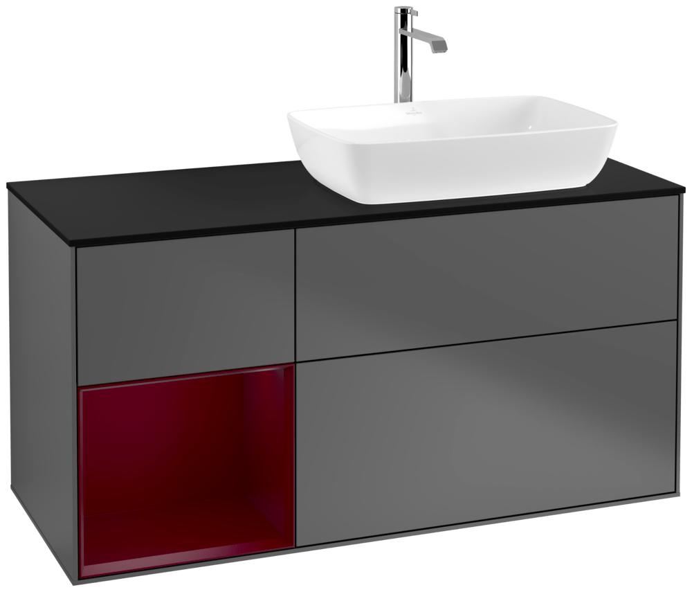 V&B Waschtisch-Unterschrank Finion 120cm, Abdeckplatte black matt, Regal Peony matt lacquer, Anthracite matt