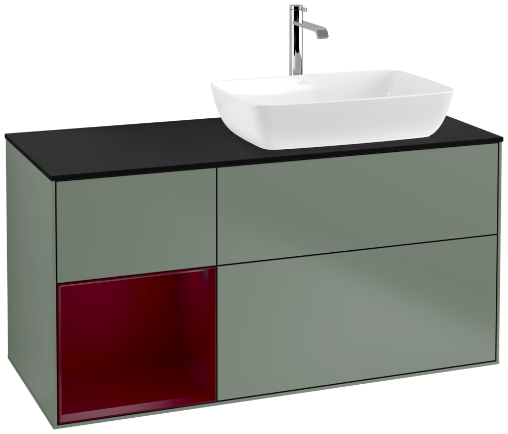 V&B Waschtisch-Unterschrank Finion 120cm, Abdeckplatte black matt, Regal Peony matt lacquer, Olive Matt Lacquer
