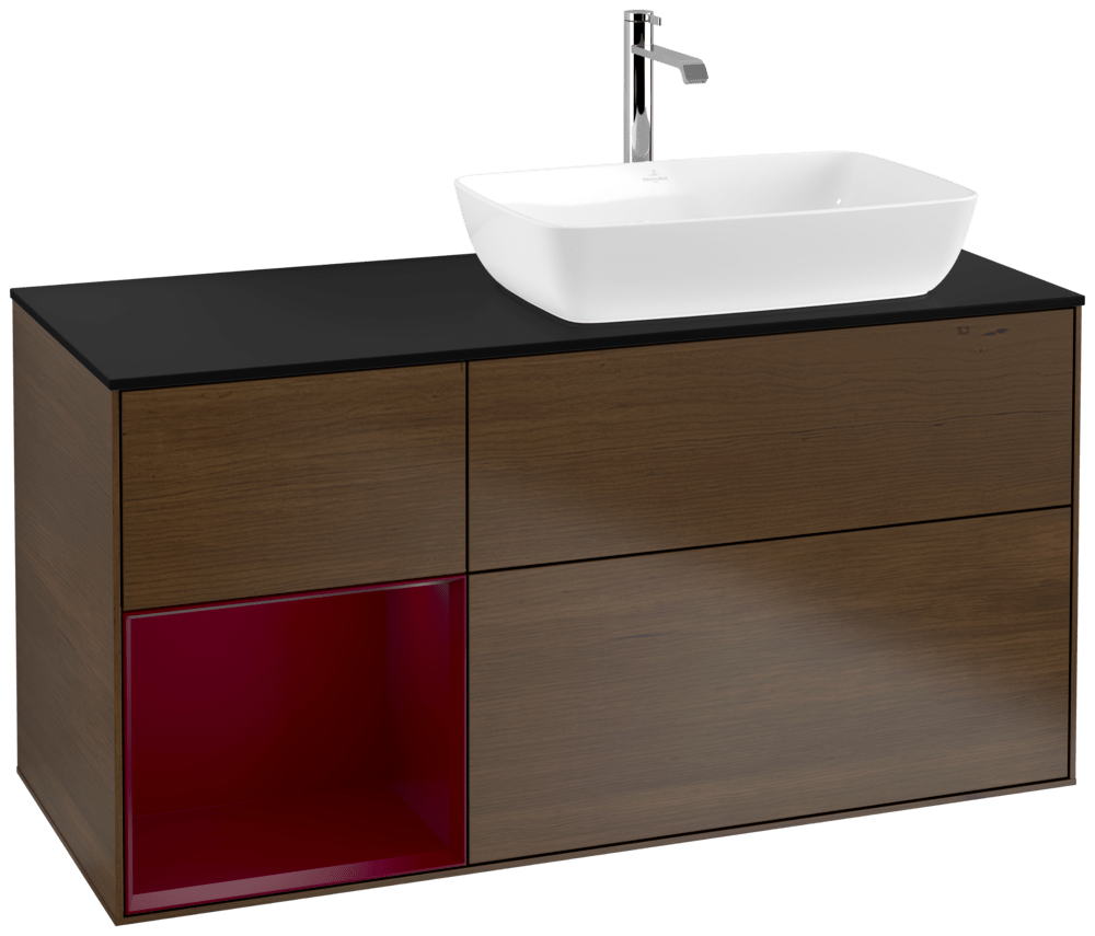 V&B Waschtisch-Unterschrank Finion 120cm, Abdeckplatte black matt, Regal Peony matt lacquer, Walnut veneer
