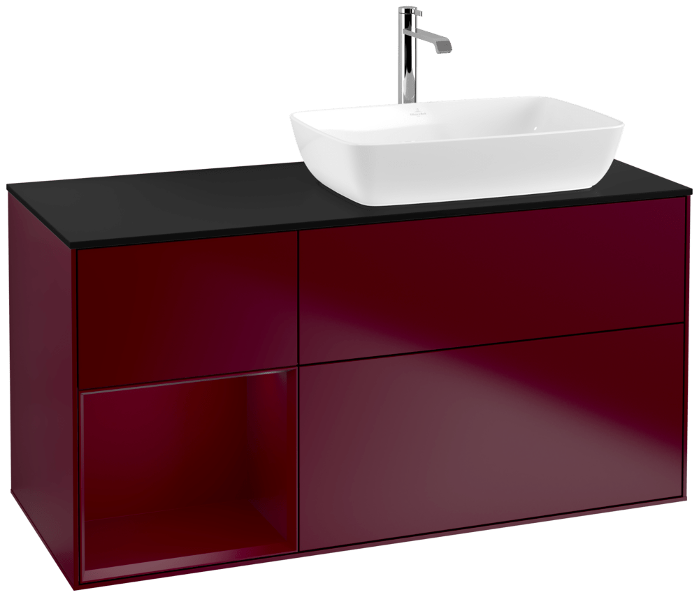 V&B Waschtisch-Unterschrank Finion 120cm, Abdeckplatte black matt, Regal Peony matt lacquer, Peony Matt
