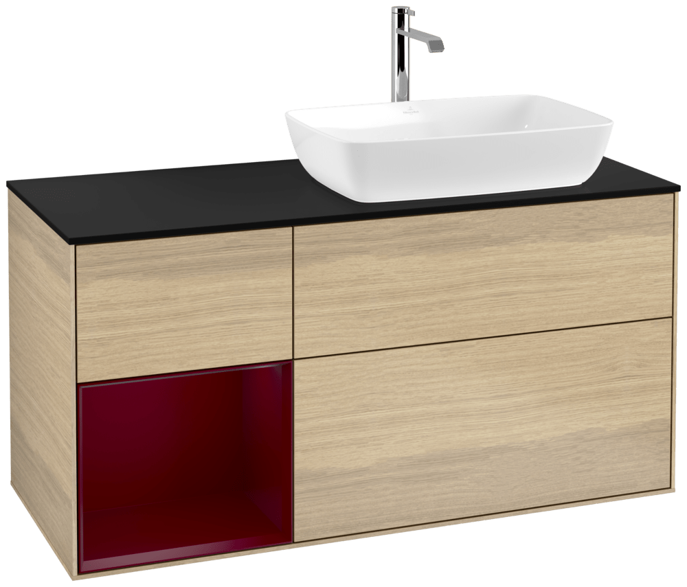 V&B Waschtisch-Unterschrank Finion 120cm, Abdeckplatte black matt, Regal Peony matt lacquer, Oak Veneer