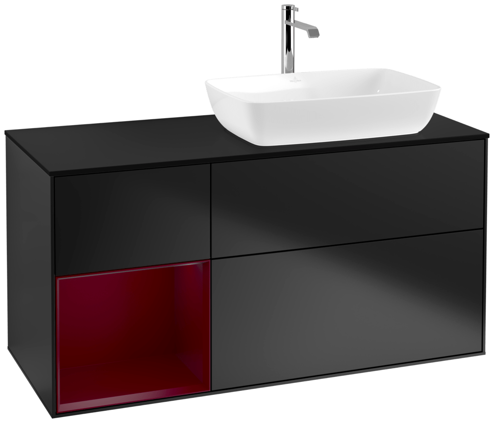 V&B Waschtisch-Unterschrank Finion 120cm, Abdeckplatte black matt, Regal Peony matt lacquer, Black matt lacquer