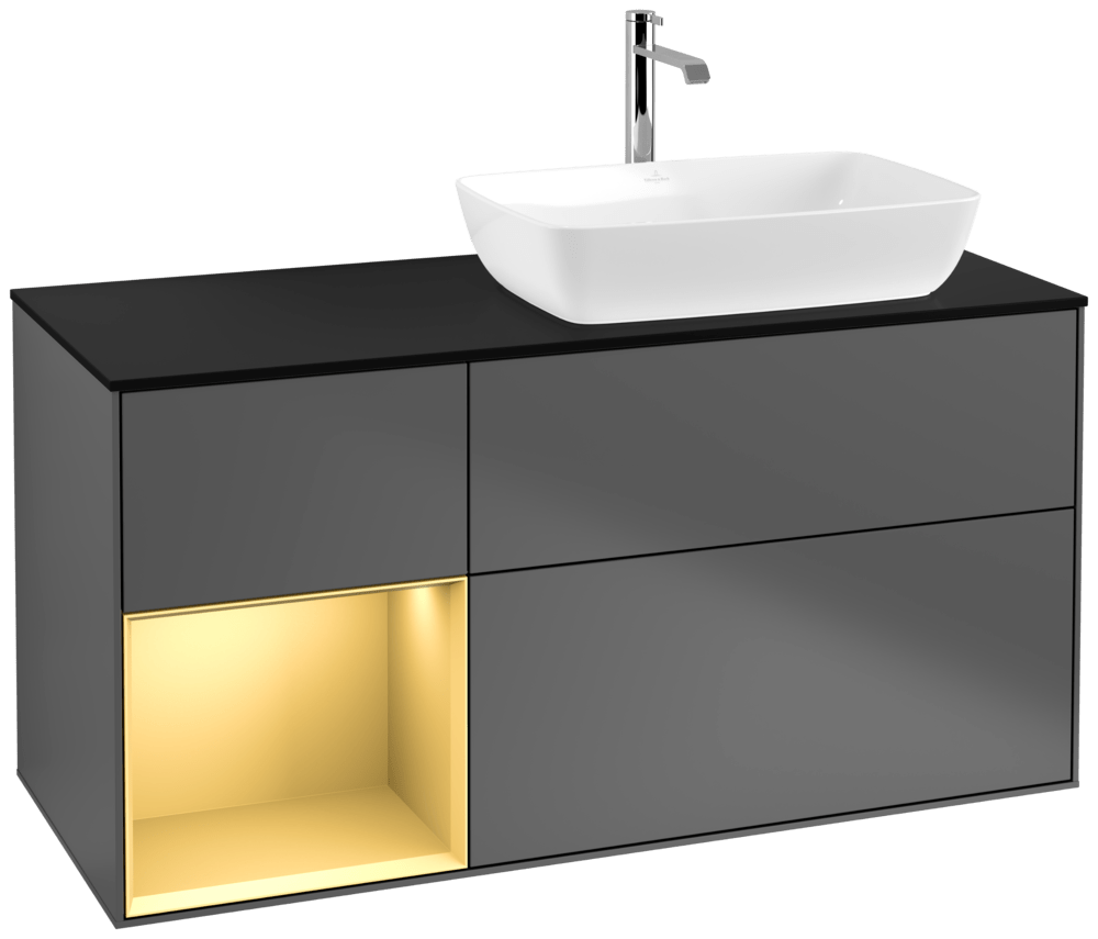 V&B Waschtisch-Unterschrank Finion 120cm, Abdeckplatte black matt, Regal Gold matt lacquer, Anthracite matt