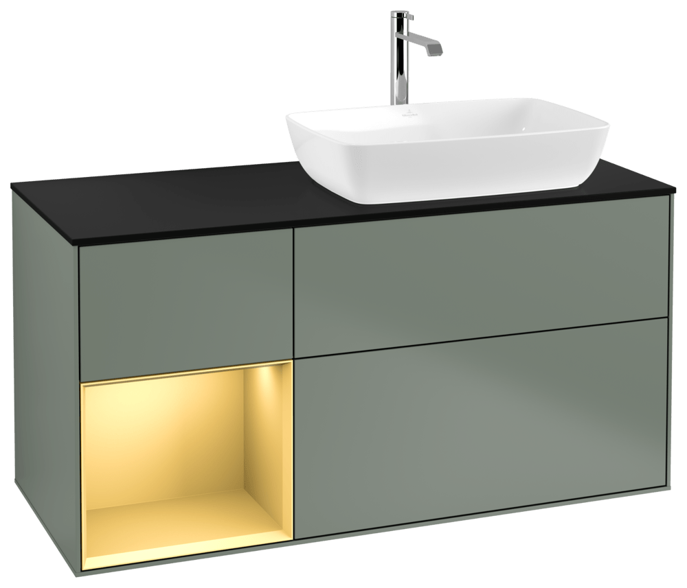 V&B Waschtisch-Unterschrank Finion 120cm, Abdeckplatte black matt, Regal Gold matt lacquer, Olive Matt Lacquer