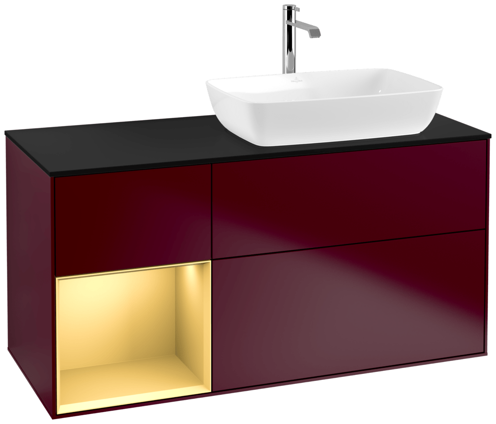 V&B Waschtisch-Unterschrank Finion 120cm, Abdeckplatte black matt, Regal Gold matt lacquer, Peony Matt