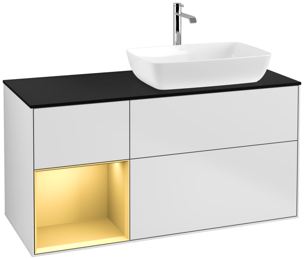 V&B Waschtisch-Unterschrank Finion 120cm, Abdeckplatte black matt, Regal Gold matt lacquer, White matt lacquer