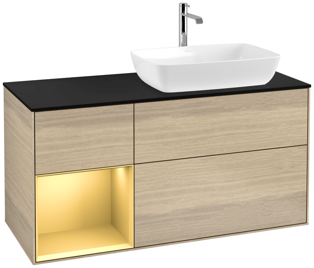 V&B Waschtisch-Unterschrank Finion 120cm, Abdeckplatte black matt, Regal Gold matt lacquer, Oak Veneer