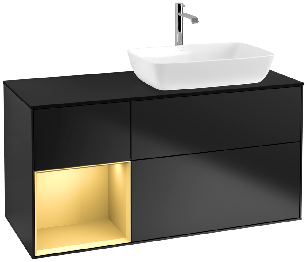 V&B Waschtisch-Unterschrank Finion 120cm, Abdeckplatte black matt, Regal Gold matt lacquer, Black matt lacquer