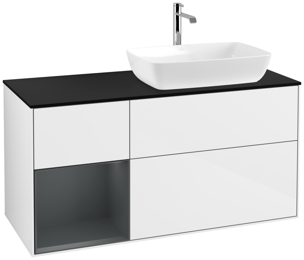 V&B Waschtisch-Unterschrank Finion 120cm, Abdeckplatte black matt, Regal Midnight matt lacquer, Glossy white lacquer