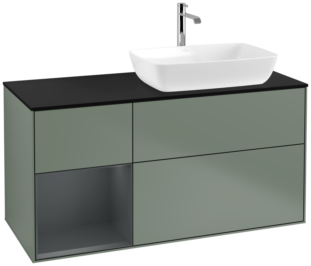 V&B Waschtisch-Unterschrank Finion 120cm, Abdeckplatte black matt, Regal Midnight matt lacquer, Olive Matt Lacquer