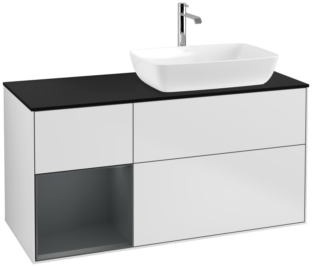 V&B Waschtisch-Unterschrank Finion 120cm, Abdeckplatte black matt, Regal Midnight matt lacquer, White matt lacquer