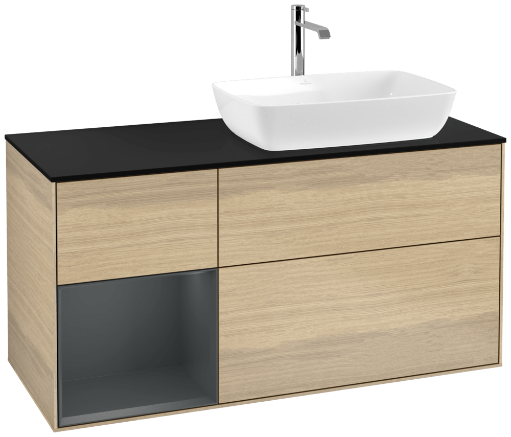 V&B Waschtisch-Unterschrank Finion 120cm, Abdeckplatte black matt, Regal Midnight matt lacquer, Oak Veneer
