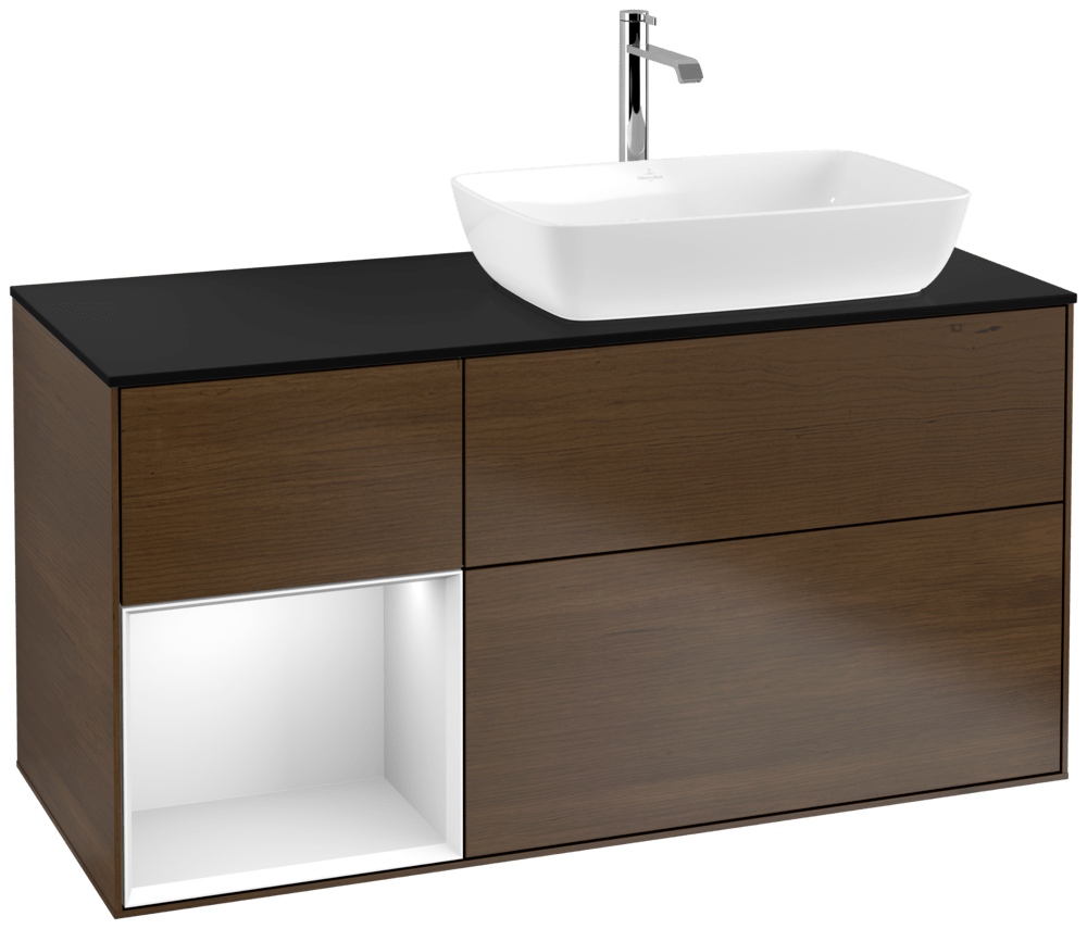 V&B Waschtisch-Unterschrank Finion 120cm, Abdeckplatte black matt, Regal White matt lacquer, Walnut veneer