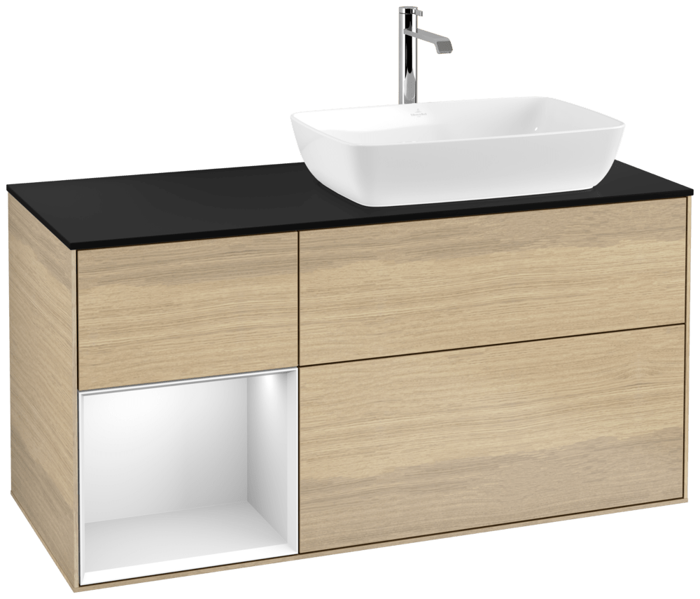 V&B Waschtisch-Unterschrank Finion 120cm, Abdeckplatte black matt, Regal White matt lacquer, Oak Veneer
