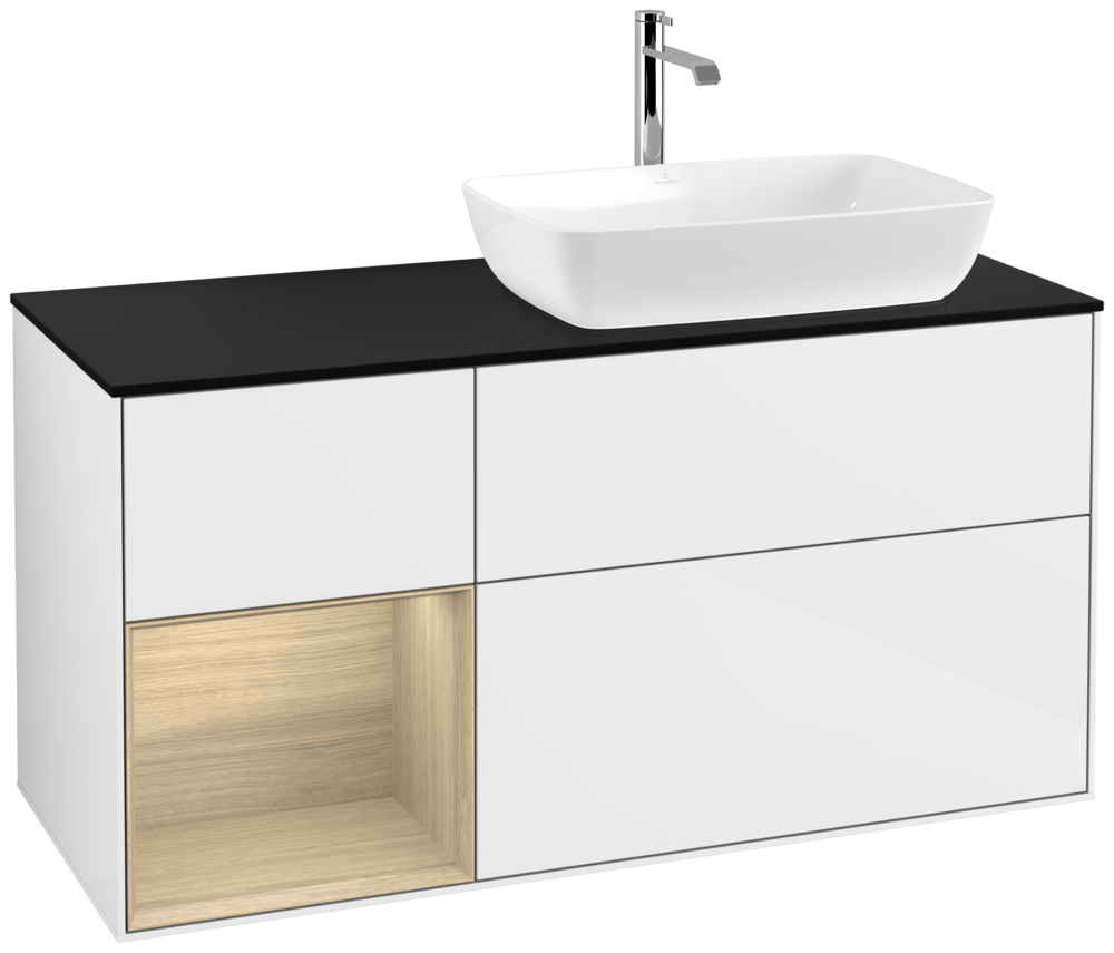 V&B Waschtisch-Unterschrank Finion 120cm, Abdeckplatte black matt, Regal Oak Veneer, Glossy white lacquer
