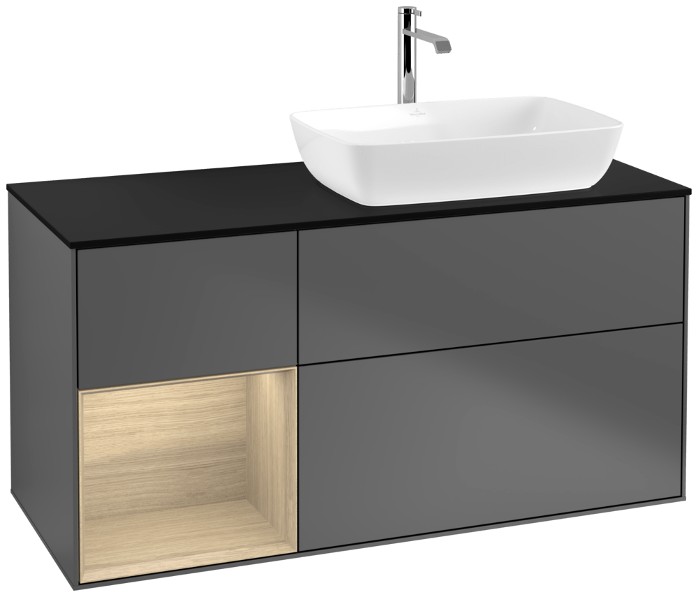 V&B Waschtisch-Unterschrank Finion 120cm, Abdeckplatte black matt, Regal Oak Veneer, Anthracite matt