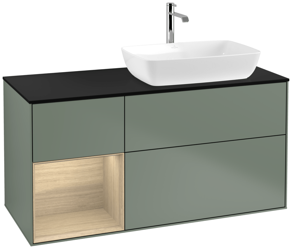 V&B Waschtisch-Unterschrank Finion 120cm, Abdeckplatte black matt, Regal Oak Veneer, Olive Matt Lacquer