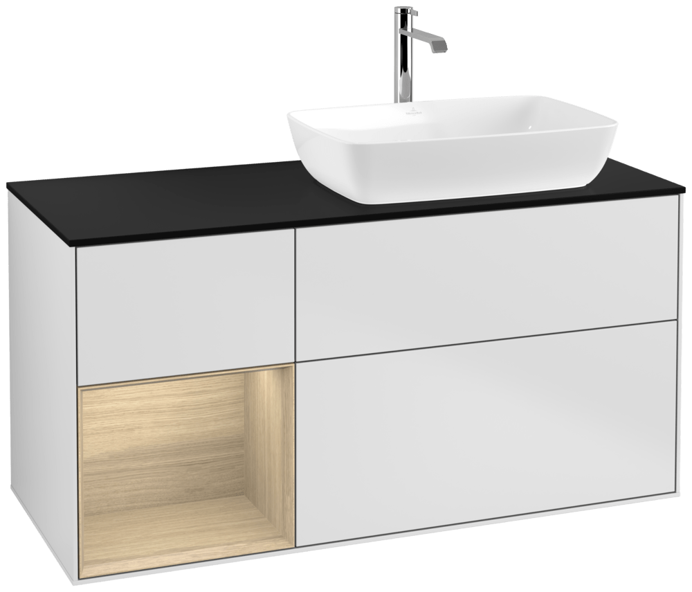 V&B Waschtisch-Unterschrank Finion 120cm, Abdeckplatte black matt, Regal Oak Veneer, White matt lacquer