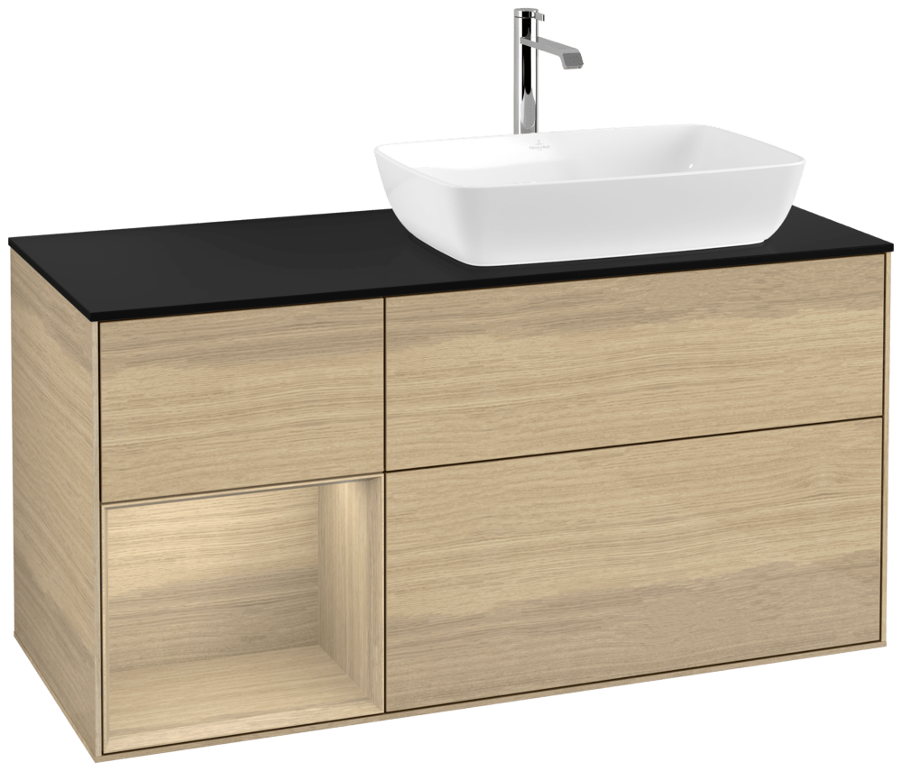 V&B Waschtisch-Unterschrank Finion 120cm, Abdeckplatte black matt, Regal Oak Veneer, Oak Veneer