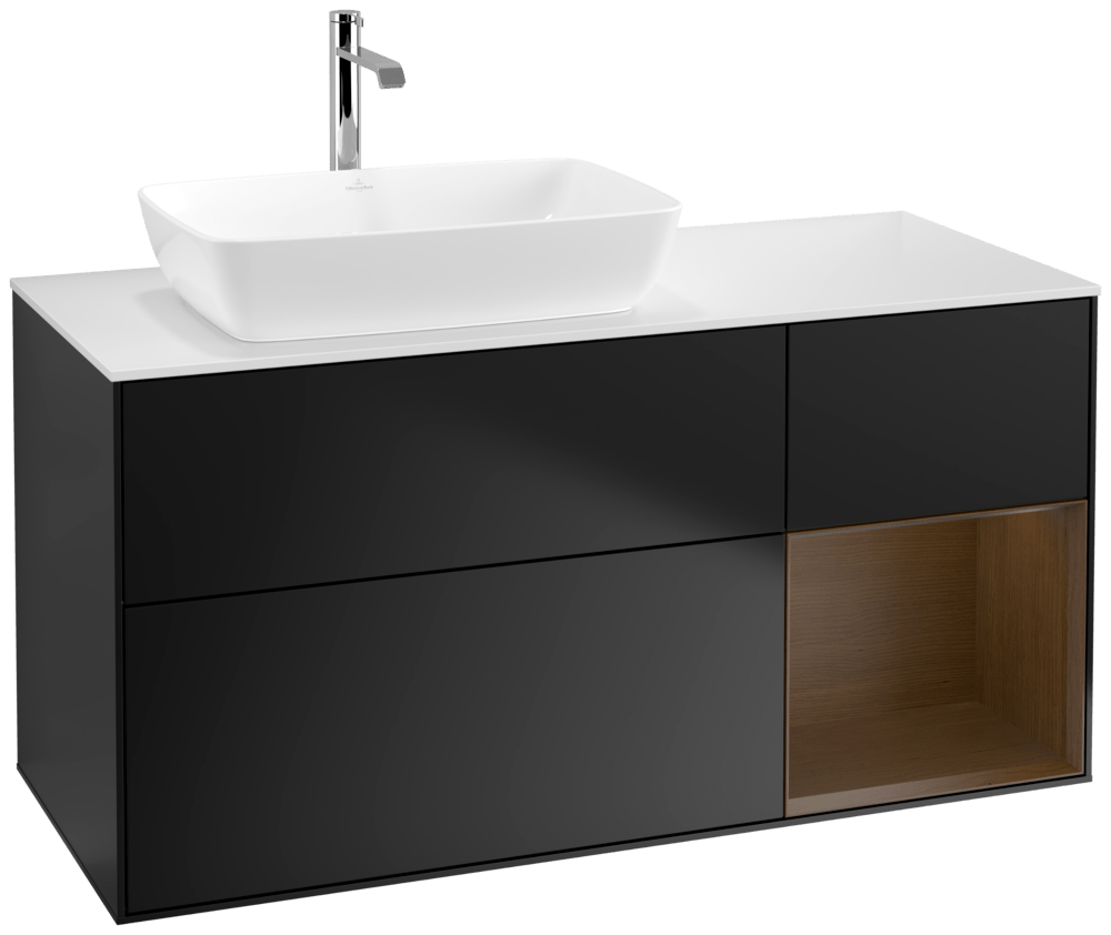 V&B Waschtisch-Unterschrank Finion 120cm, Abdeckplatte white matt, Regal Walnut Veneer, Black matt lacquer