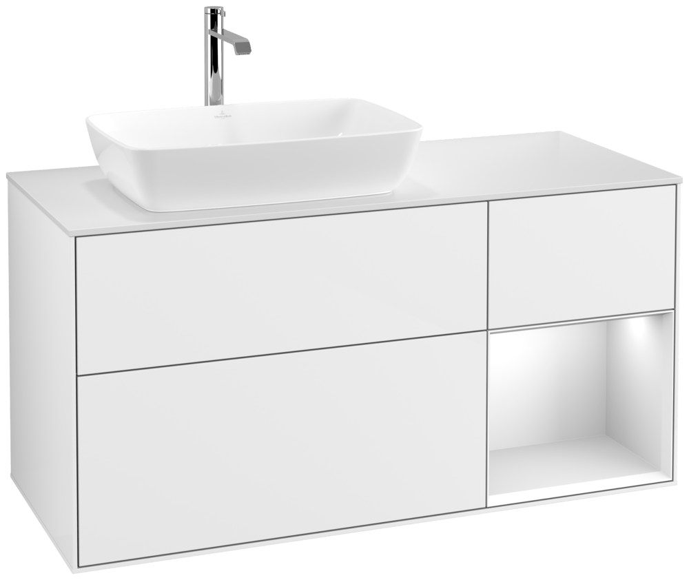 V&B Waschtisch-Unterschrank Finion 120cm, Abdeckplatte white matt, Regal White matt lacquer, Glossy white lacquer