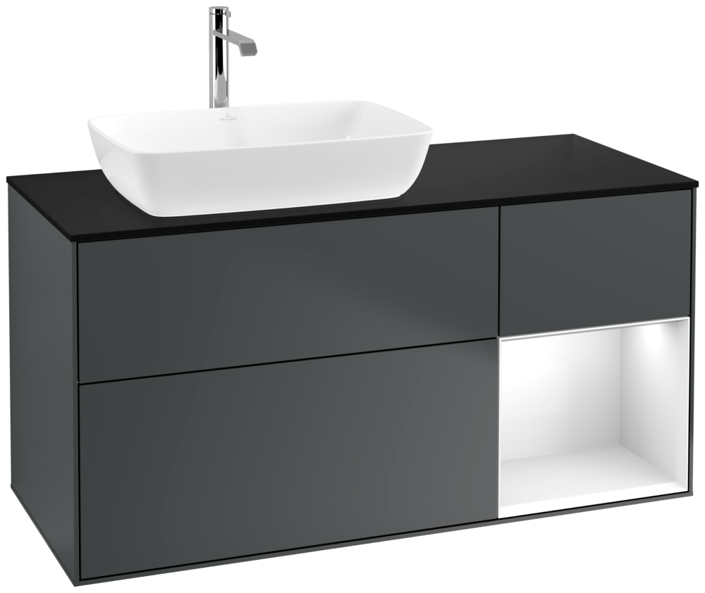V&B Waschtisch-Unterschrank Finion 120cm, Abdeckplatte black matt, Regal Glossy white lacquer, Midnight Blue Matt Lacquer