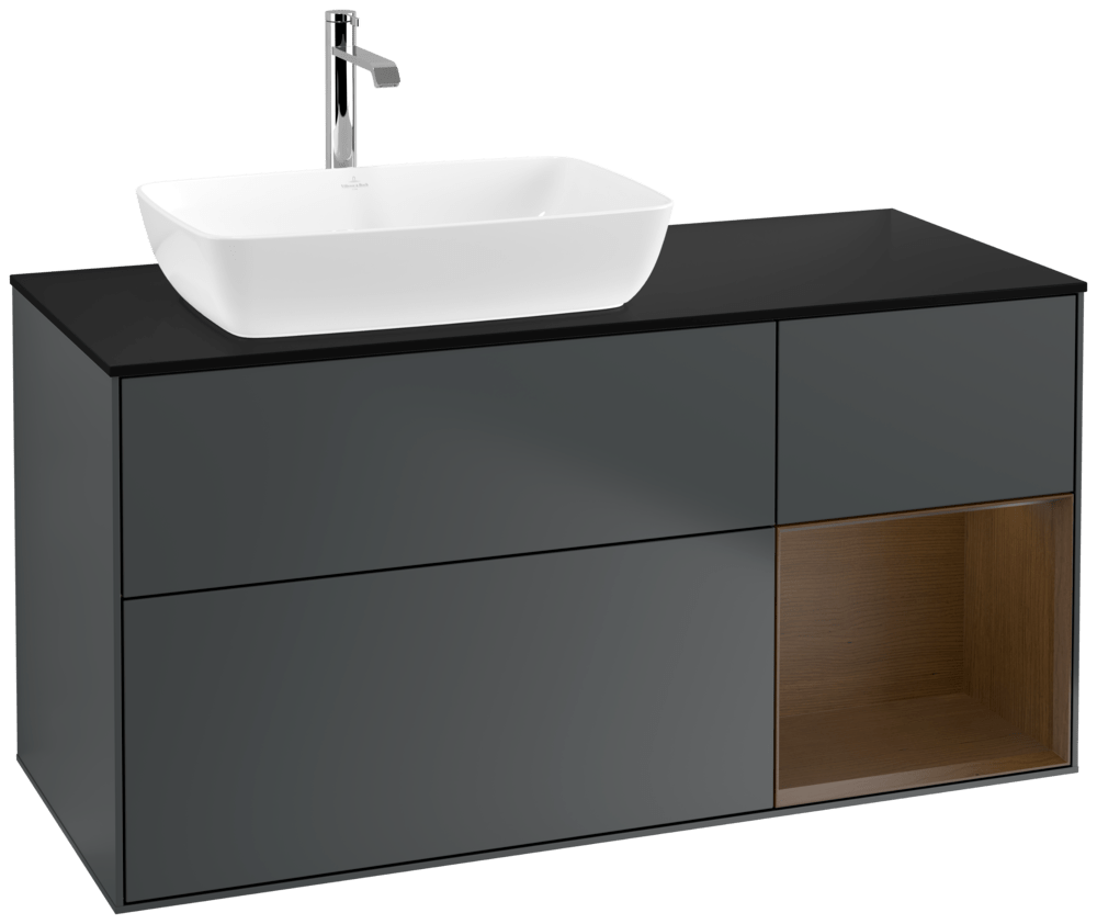 V&B Waschtisch-Unterschrank Finion 120cm, Abdeckplatte black matt, Regal Walnut Veneer, Midnight Blue Matt Lacquer