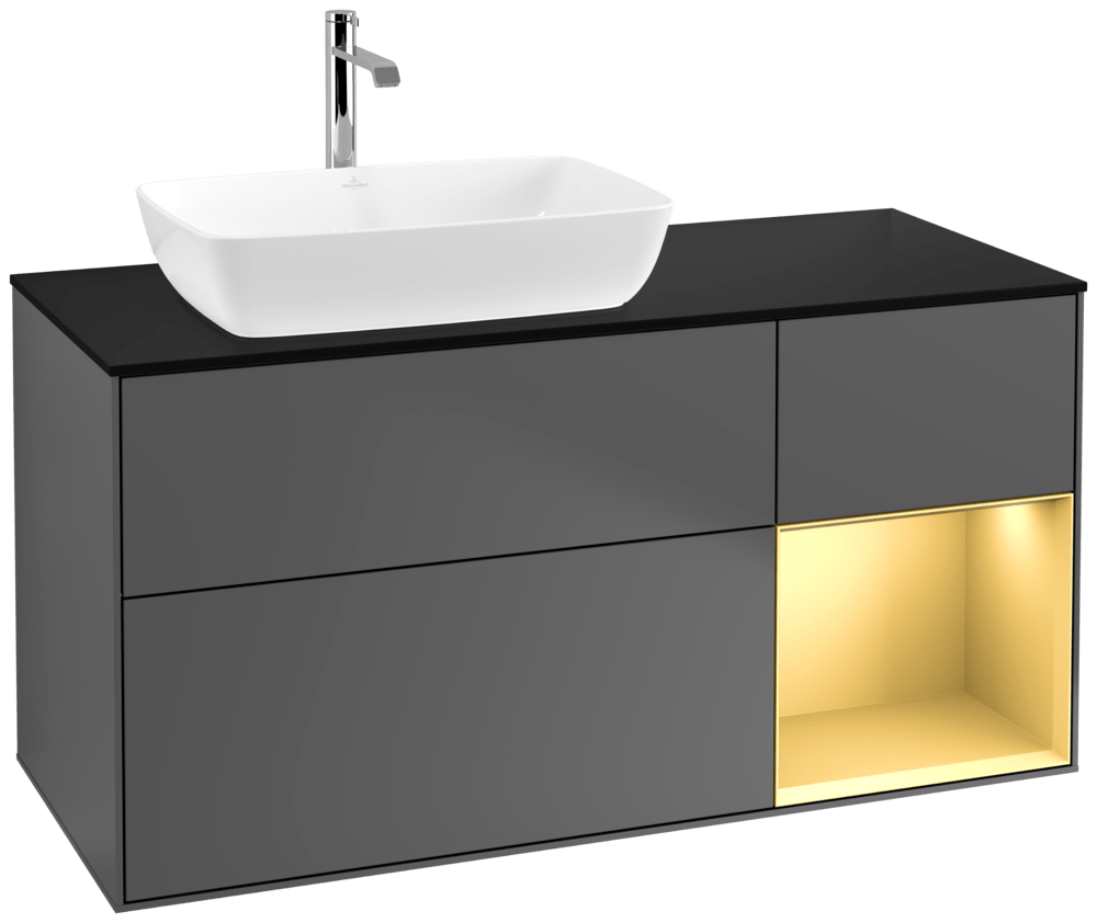 V&B Waschtisch-Unterschrank Finion 120cm, Abdeckplatte black matt, Regal Gold matt lacquer, Anthracite matt
