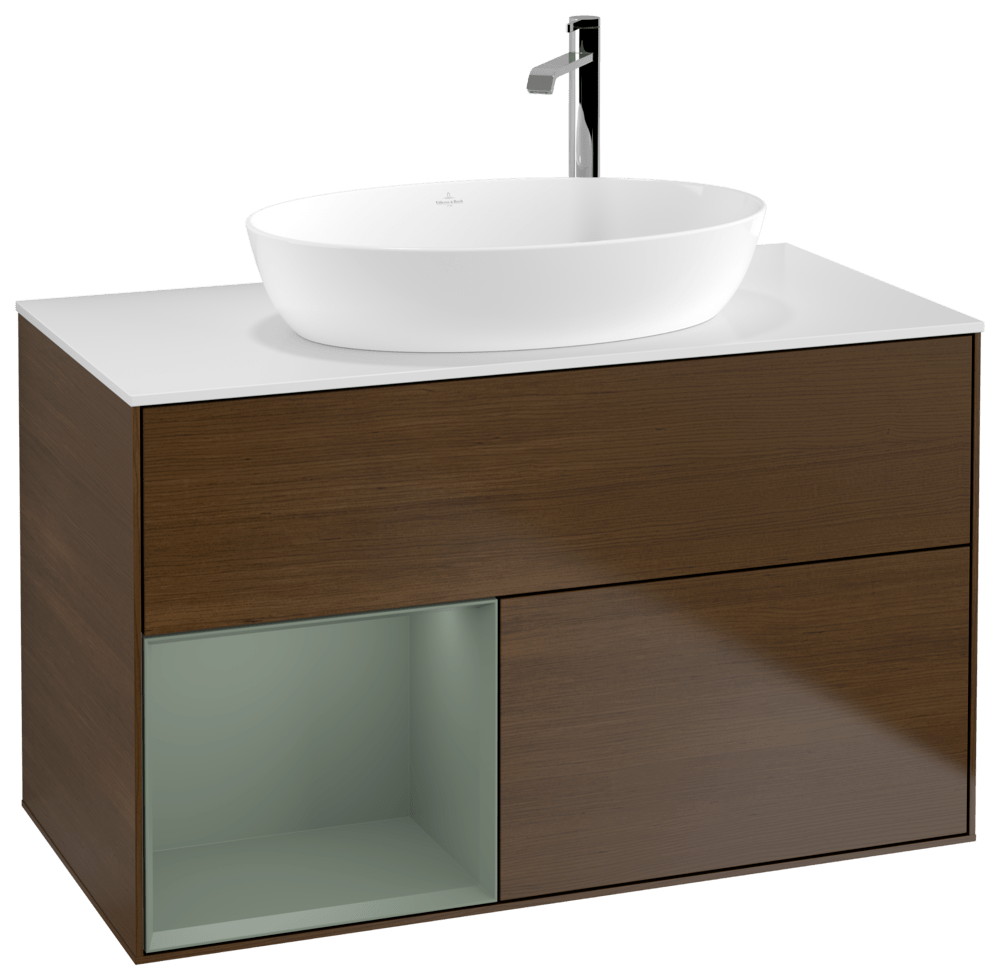 V&B Waschtisch-Unterschrank Finion 100cm, Abdeckplatte white matt, Regal Olive matt lacquer, Walnut veneer