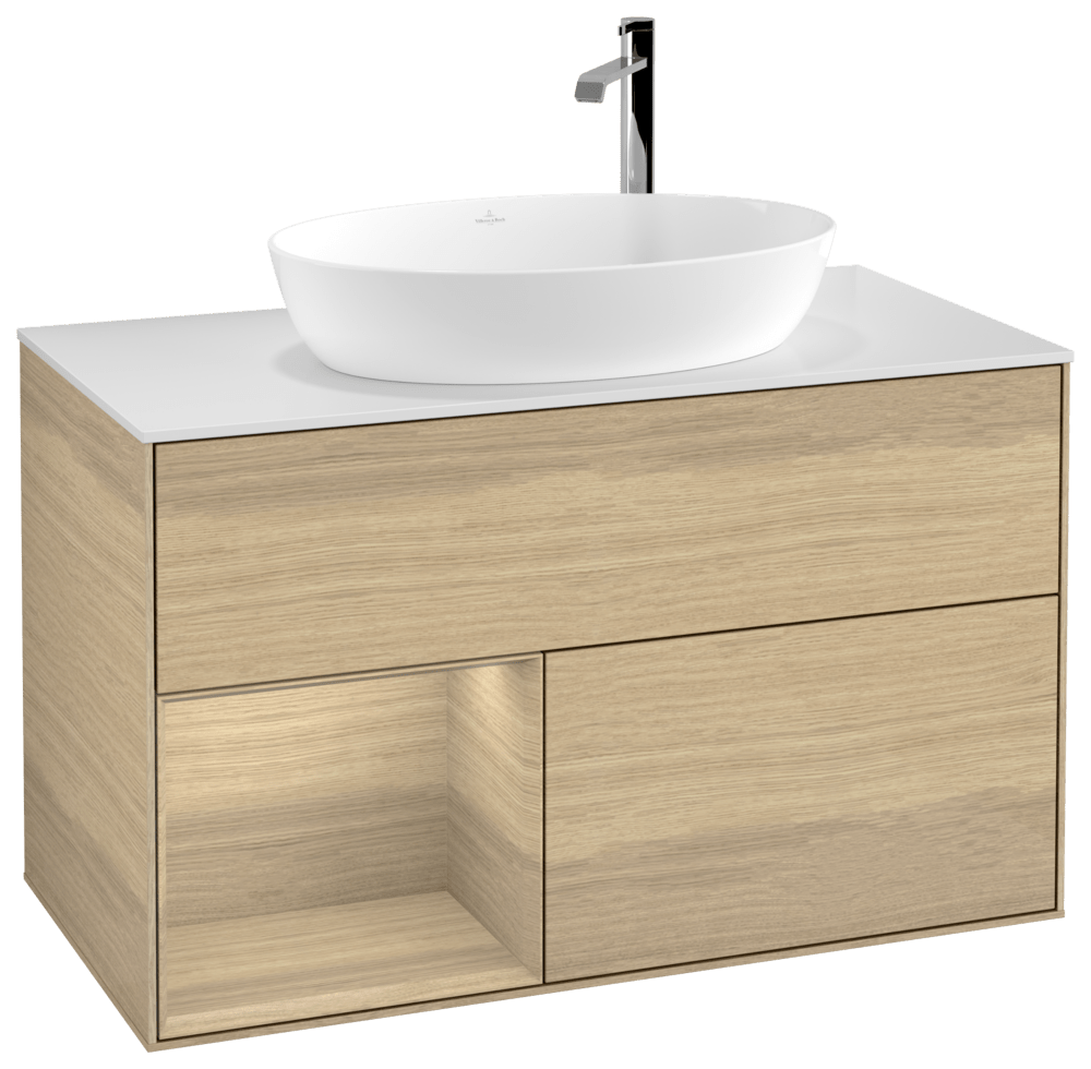 V&B Waschtisch-Unterschrank Finion 100cm, Abdeckplatte white matt, Regal Oak Veneer, Oak Veneer