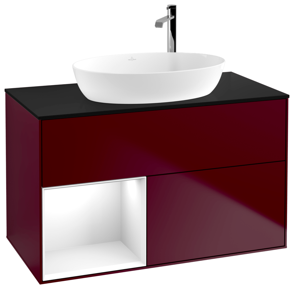 V&B Waschtisch-Unterschrank Finion 100cm, Abdeckplatte black matt, Regal Glossy white lacquer, Peony Matt