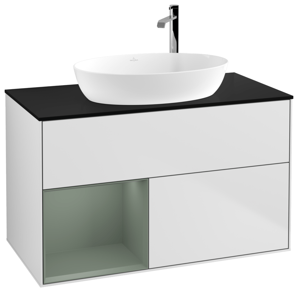 V&B Waschtisch-Unterschrank Finion 100cm, Abdeckplatte black matt, Regal Olive matt lacquer, White matt lacquer