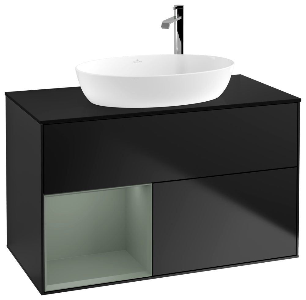 V&B Waschtisch-Unterschrank Finion 100cm, Abdeckplatte black matt, Regal Olive matt lacquer, Black matt lacquer