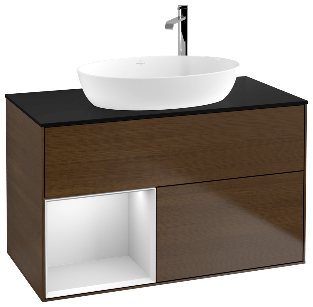 V&B Waschtisch-Unterschrank Finion 100cm, Abdeckplatte black matt, Regal White matt lacquer, Walnut veneer