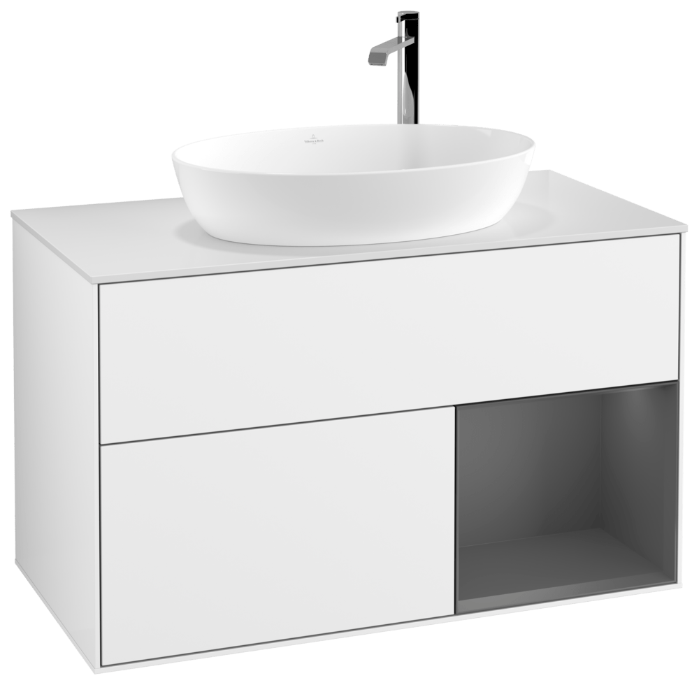 V&B Waschtisch-Unterschrank Finion 100cm, Abdeckplatte white matt, Regal Anthracite matt lacquer, Glossy white lacquer