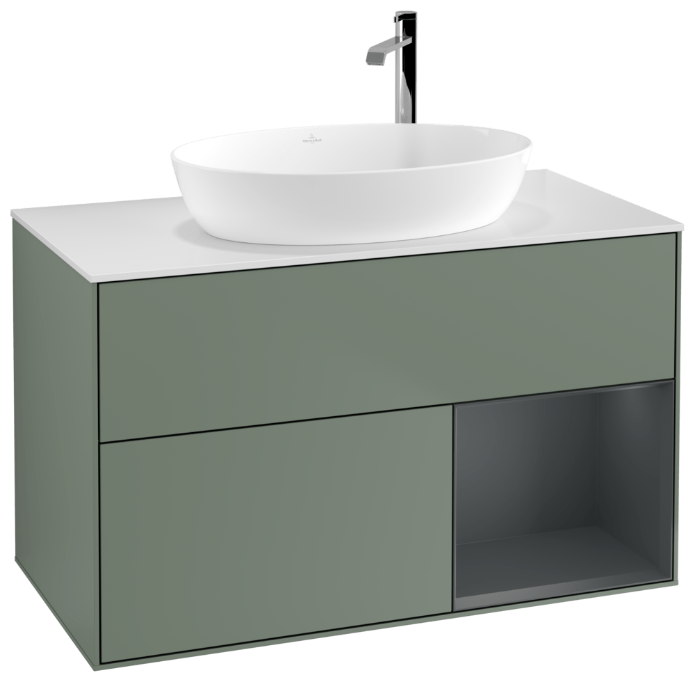 V&B Waschtisch-Unterschrank Finion 100cm, Abdeckplatte white matt, Regal Midnight matt lacquer, Olive Matt Lacquer
