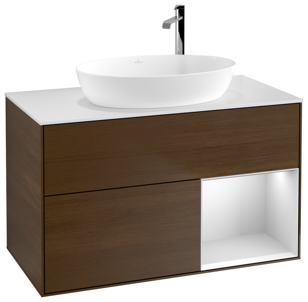 V&B Waschtisch-Unterschrank Finion 100cm, Abdeckplatte white matt, Regal White matt lacquer, Walnut veneer